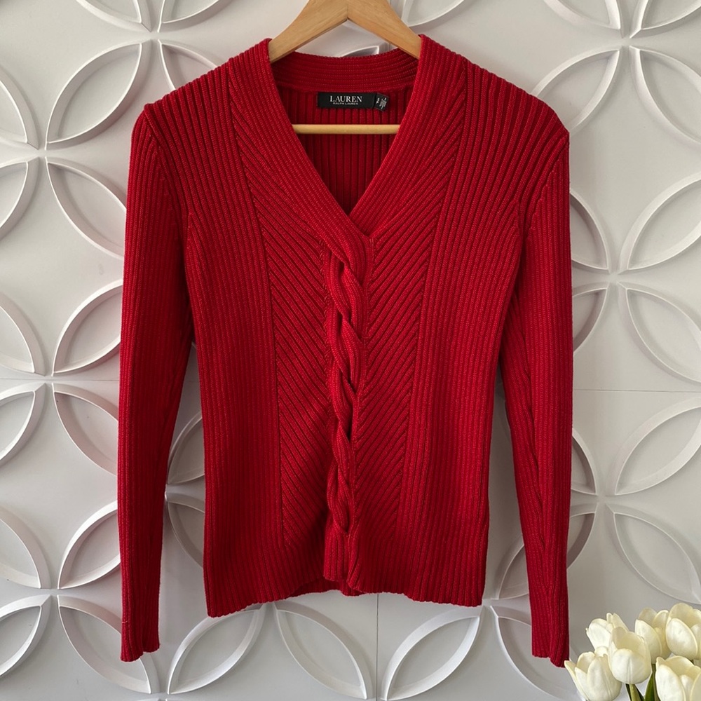LAUREN Ralph Lauren Black Label V-Neck knit long sleeve Sweater Top